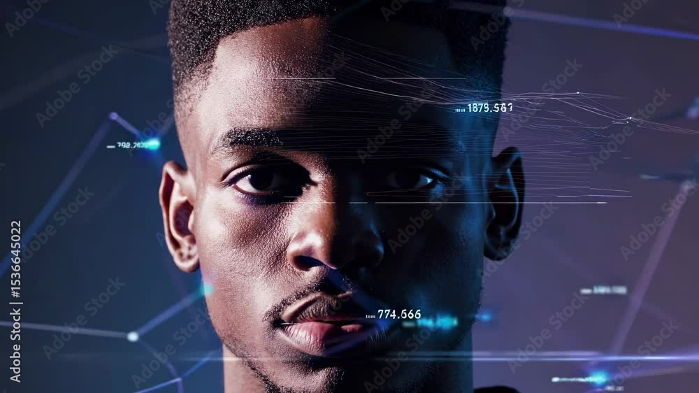Poster futuristic facial recognition system analyzing a man's face using artificial intelligence and biomet