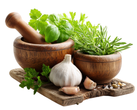 Fresh green herb leaves and garlic with wooden mortar and pestle on rustic wooden board, natural cooking ingredients for flavorful dishes