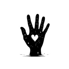 Black and White Silhouette of Hand with Heart, Symbolizing Love and Care