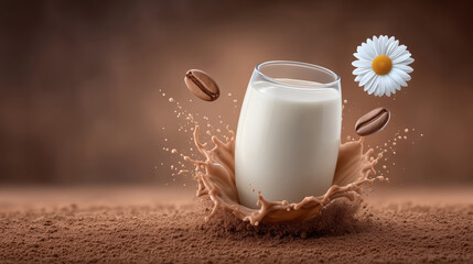 Glass of milk with a flower and coffee grounds in it. The image has a playful and whimsical mood, as the milk appears to be splashing out of the glass and the flower