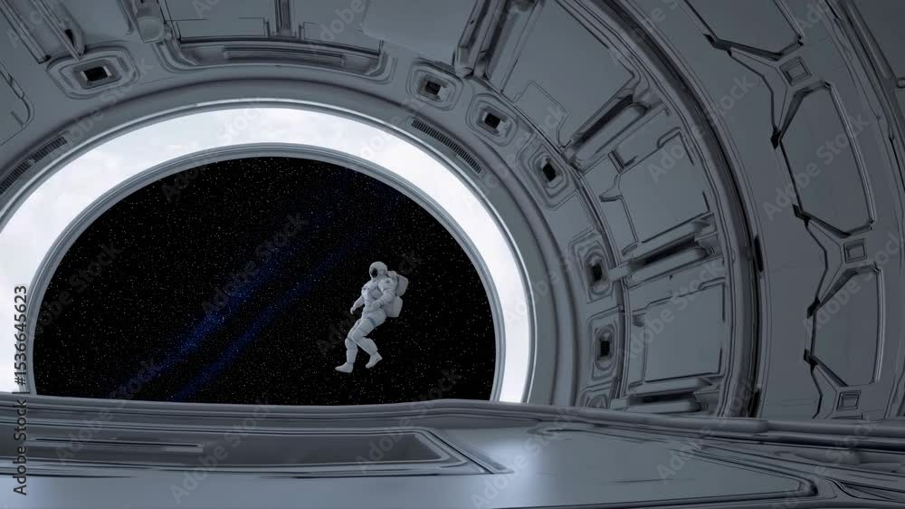 Poster astronaut floats effortlessly in the zero-gravity environment of a futuristic spacecraft, gazing at 
