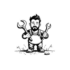 Cartoon mechanic with wrenches illustration showcasing service and professionalism