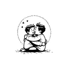 Heartwarming Embrace: Two Brothers Sharing a Tender Moment in Monochrome Illustration