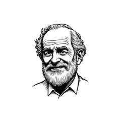 Detailed Line Drawing Portrait of a Smiling Senior Man with Beard and Wrinkles