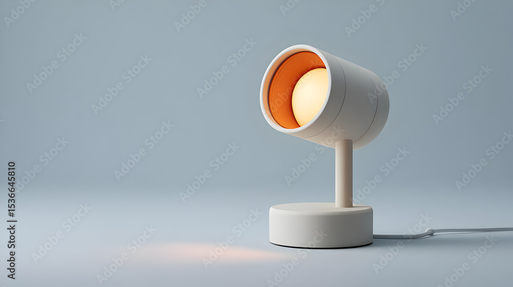 Poster minimalist table lamp with warm light illuminates a room. the lamp has a cylindrical design with a s