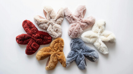 Variety of Stylish Fuzzy Slippers with Unique Designs on white background.PNG