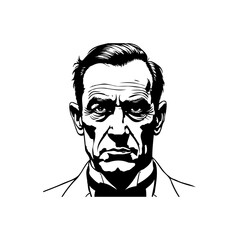 Black and white graphic portrait of a stern, older man with intense gaze