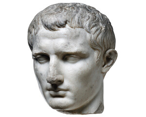 Ancient marble statue head with detailed facial features and short curly hair, isolated on transparency background, showing classical sculpture art with serious expression