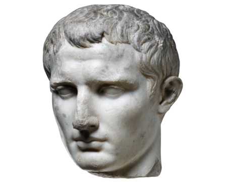 Ancient marble statue head with detailed facial features and short curly hair, isolated on transparency background, showing classical sculpture art with serious expression