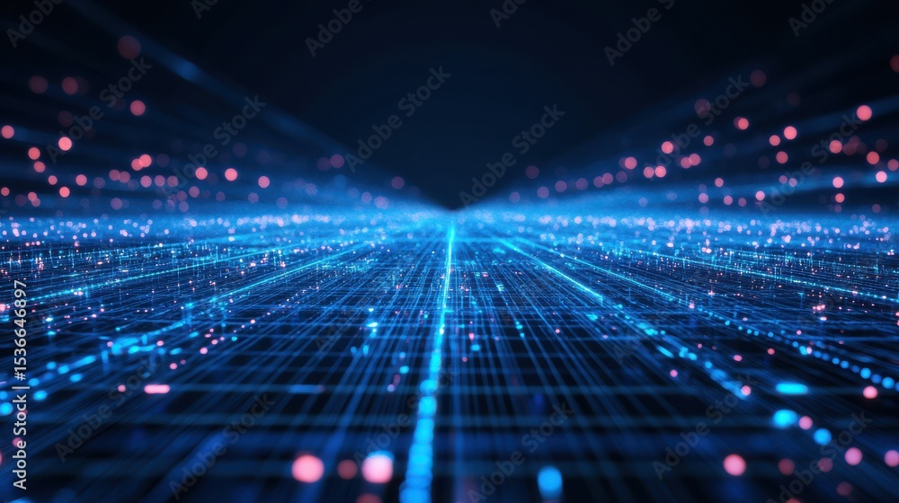 Poster abstract digital data network with glowing lines in blue and pink