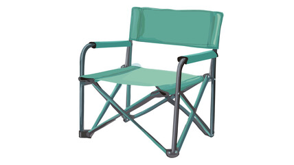 Close-up studio shot of a teal or turquoise colored folding chair. The chair is made of a teal fabric stretched over a dark gray or black metal frame. The frame is a simple, X-shaped design typical