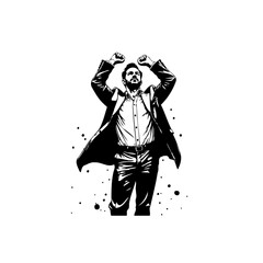 Illustrative depiction of an euphoric man celebrating success in black and white style