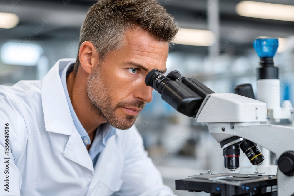 Aufkleber Scientist using microscope doing research in laboratory