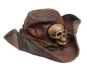 Brown leather pirate hat with skull decoration, vintage style, worn texture, isolated on transparency background, spooky and adventurous theme