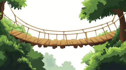 A digital illustration depicting a simple rope bridge spanning across a lush green forest. The bridge is constructed from wooden planks and thick ropes, suspended between two points amidst a dense