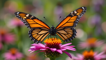 Fototapeta premium Monarch butterfly resting on a purple flower in a summer garden
