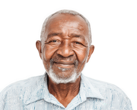 Smiling elderly man with white beard and short hair wearing light blue striped shirt isolated on transparency background, showing positive and warm expression