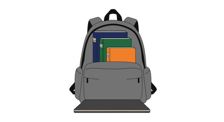 Fototapeta premium Grey Backpack Illustration with Books and Laptop for School, Work, or Travel Essentials on White Background
