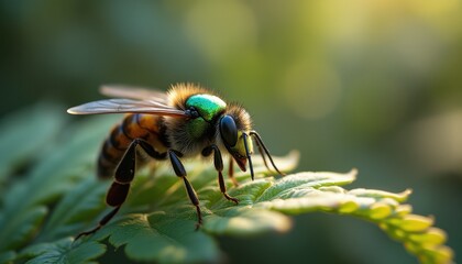 Honeybee standing on a leaf in serene outdoor setting