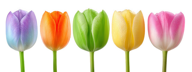 Fototapeta premium Colorful tulip flowers with water droplets on petals isolated on transparency background, fresh spring bloom in purple, orange, green, yellow, and pink shades
