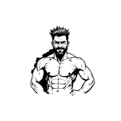 Illustrative male fitness model with defined muscles in black and white style