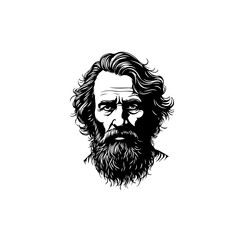 Monochrome Portrait of a Bearded Man with Wavy Hair in Vector Art Style
