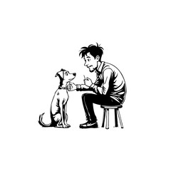 Sketch of a man training his dog while sitting on a stool in black and white