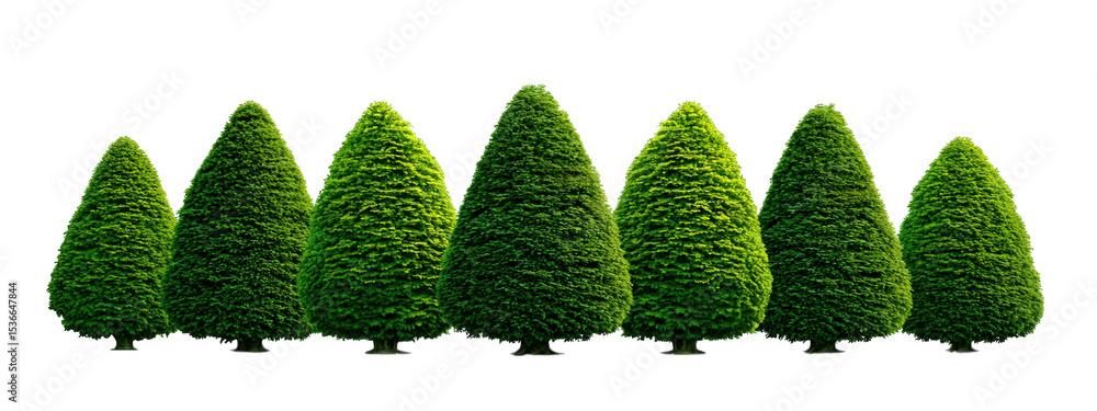 Poster row of green conical trees isolated on transparency background with bright natural lighting and shad
