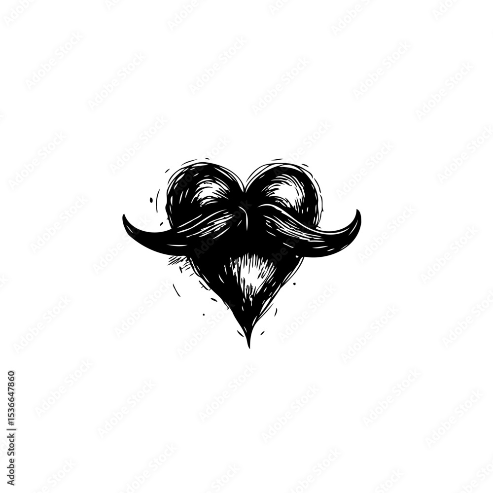 Poster whimsical heart with handlebar mustache: a unique vector design for quirky charm