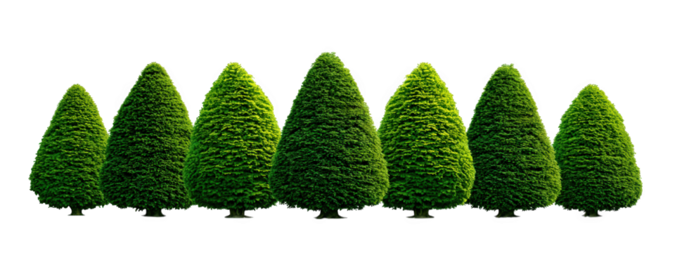 Row of green conical trees isolated on transparency background with bright natural lighting and shadow, perfect for nature or landscape design projects