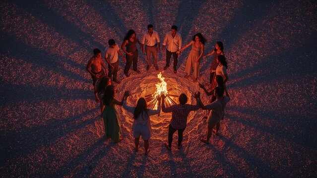 Aerial view of people circled around a bonfire at night with long shadows cast on the ground around them