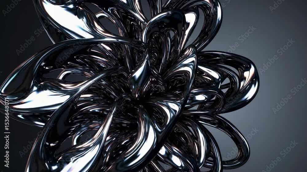 Poster shiny, metallic ribbons intertwine and twist, creating a mesmerizing abstract sculpture with a compl
