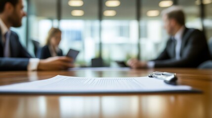Three professionals discussing document in office meeting