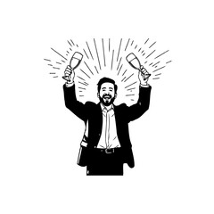 Celebrating Success: Illustrated Man Toasting with Champagne Flutes in Black and White