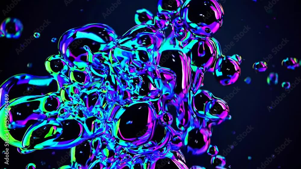 Poster abstract composition featuring vibrant, iridescent bubbles floating against a dark backdrop, creatin