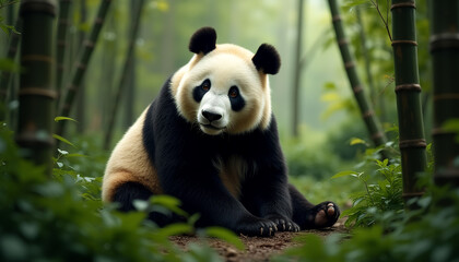Obraz premium Giant Panda in Lush Green Forest – Wildlife and Conservation Concept