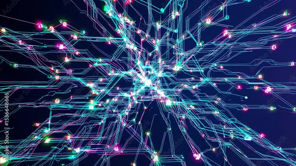 Poster colorful lines and numbers flowing through a complex electronic circuit board, representing data tra