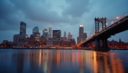 Serene cityscape at waterfront bridge during dusk