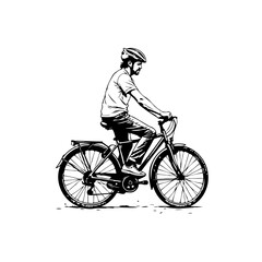 A minimalist black and white illustration of a man riding a bicycle with helmet