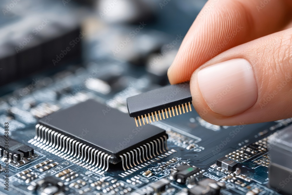 Poster Technician placing microchip on circuit board, installing electronic component