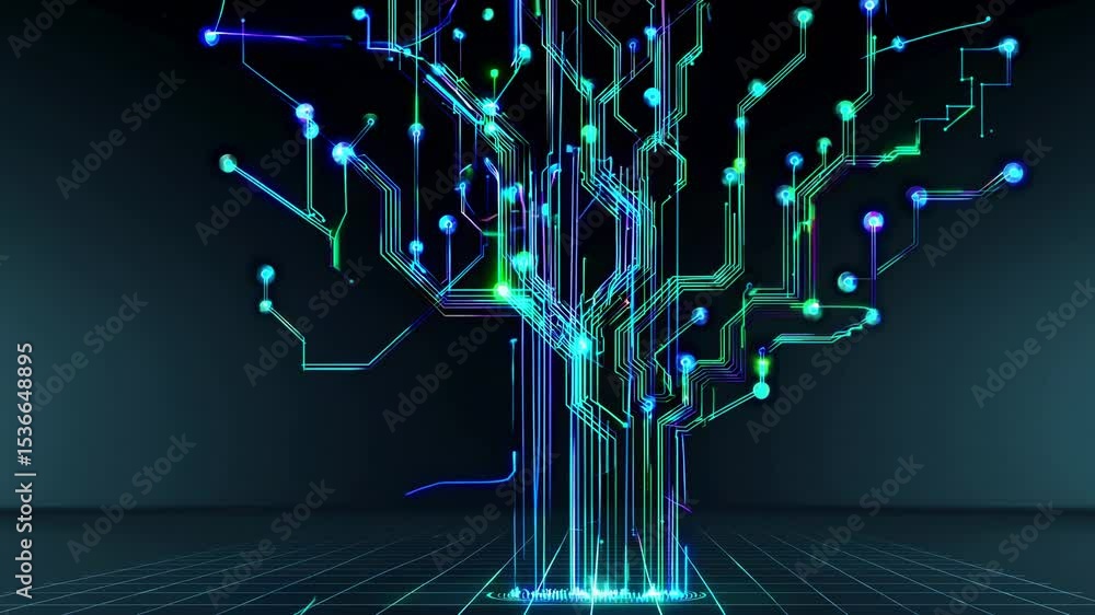 Aufkleber complex network of glowing electronic circuitry forming the shape of a tree, symbolizing technologic
