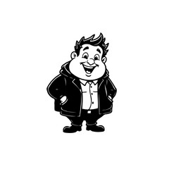 Cheerful cartoon character with a wide grin and stylish jacket in black and white