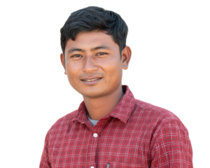 Smiling young man wearing red checkered shirt stands confidently with positive expression, isolated on transparency background, showcasing casual style and natural look