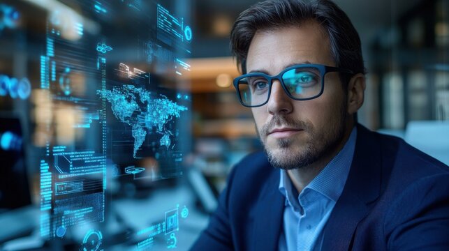 Caucasian man analyzing data on interactive screen in office at night - Powered by Adobe