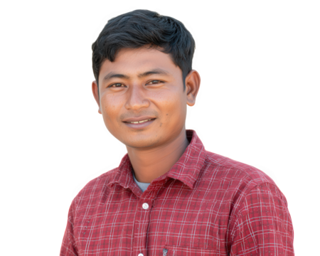 Smiling young man wearing red checkered shirt stands confidently with positive expression, isolated on transparency background, showcasing casual style and natural look