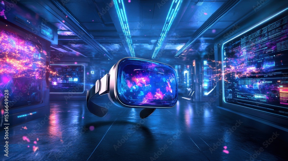 Poster floating virtual reality headset displaying vibrant nebula image