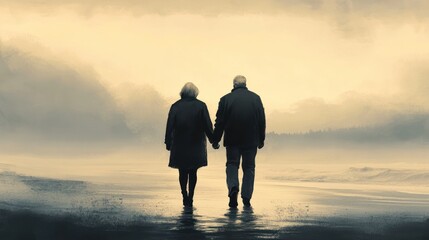 Elderly couple walking hand-in-hand on a foggy beach