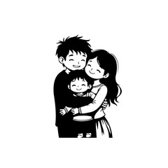 A heartwarming black and white illustration of a happy family embracing each other