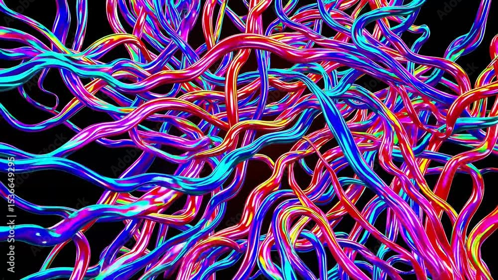 Poster shiny, colorful cables intertwining and creating a complex network on a black background, forming an
