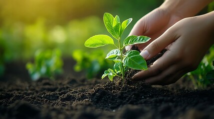 Hands Gently Planting a Young Sprout in Rich Soil Outdoors Promoting Growth and Sustainability